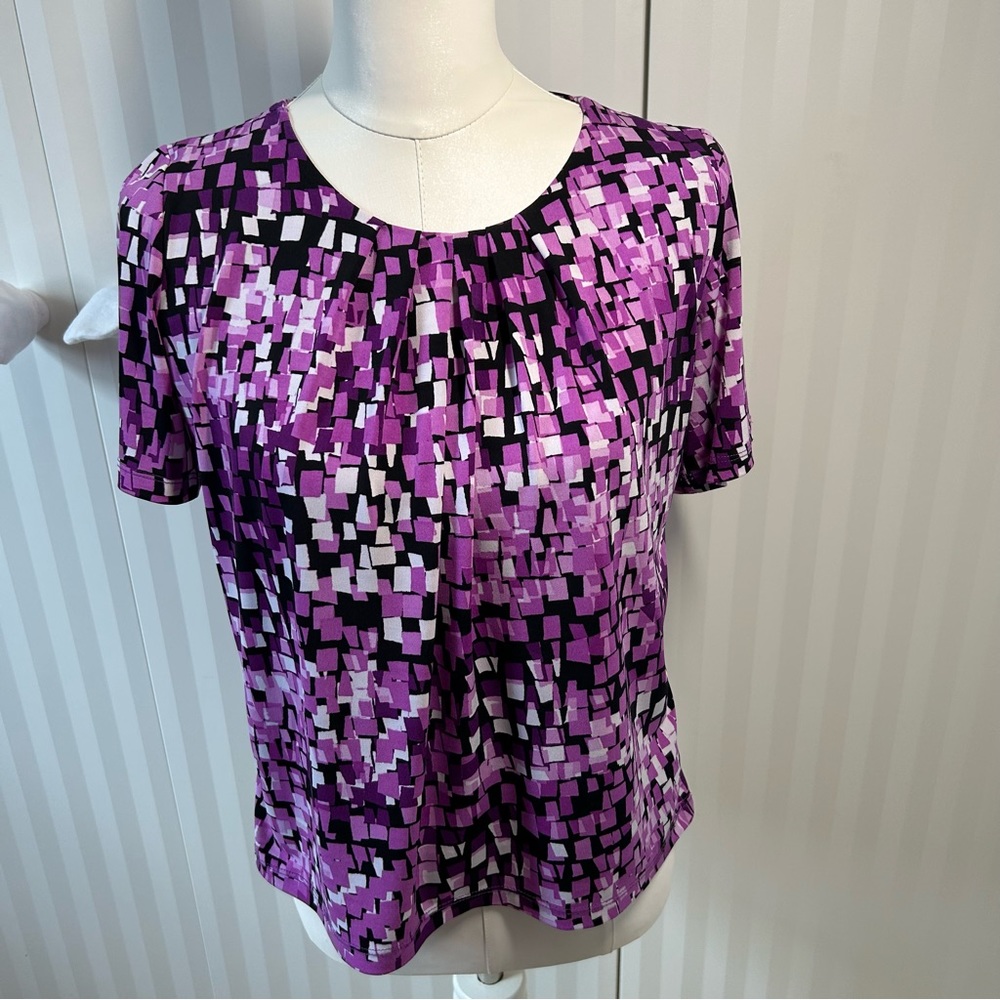 TanJay petite purple white black squares gathered tee Size S